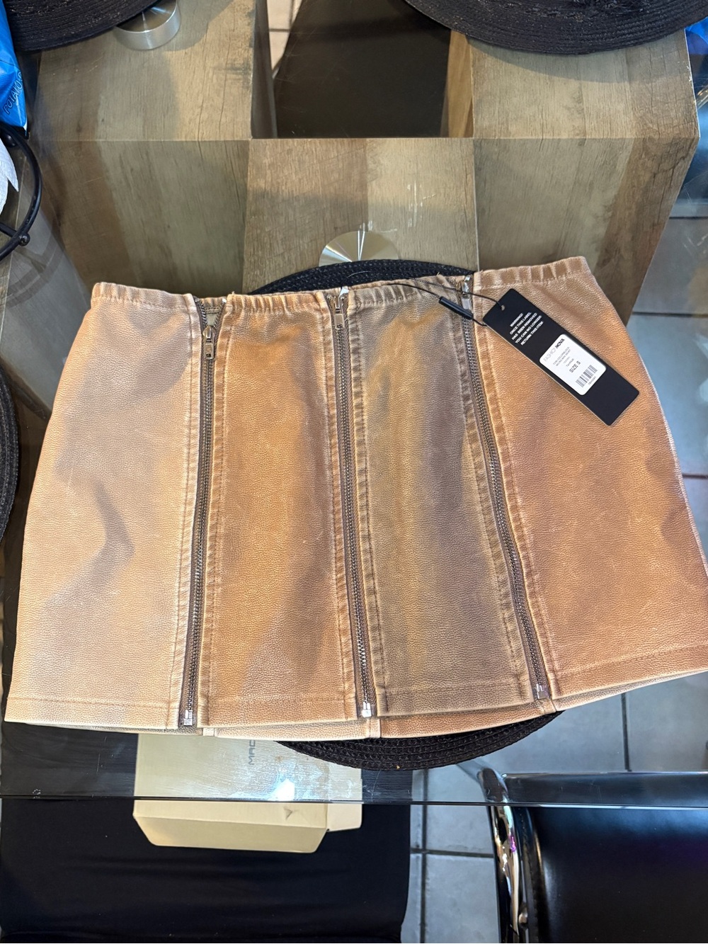 Fashion Nova Women's Tan Denim Mini Skirt with Front Zippers